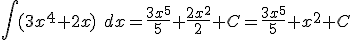 \int{ (3x^4+2x)\;dx}=\frac{3x^5}{5}+\frac{2x^2}{2}+C=\frac{3x^5}{5}+x^2+C