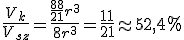 \frac{V_k}{V_{sz}}=\frac{\frac{88}{21}r^3}{8r^3}=\frac{11}{21}\approx52,4%